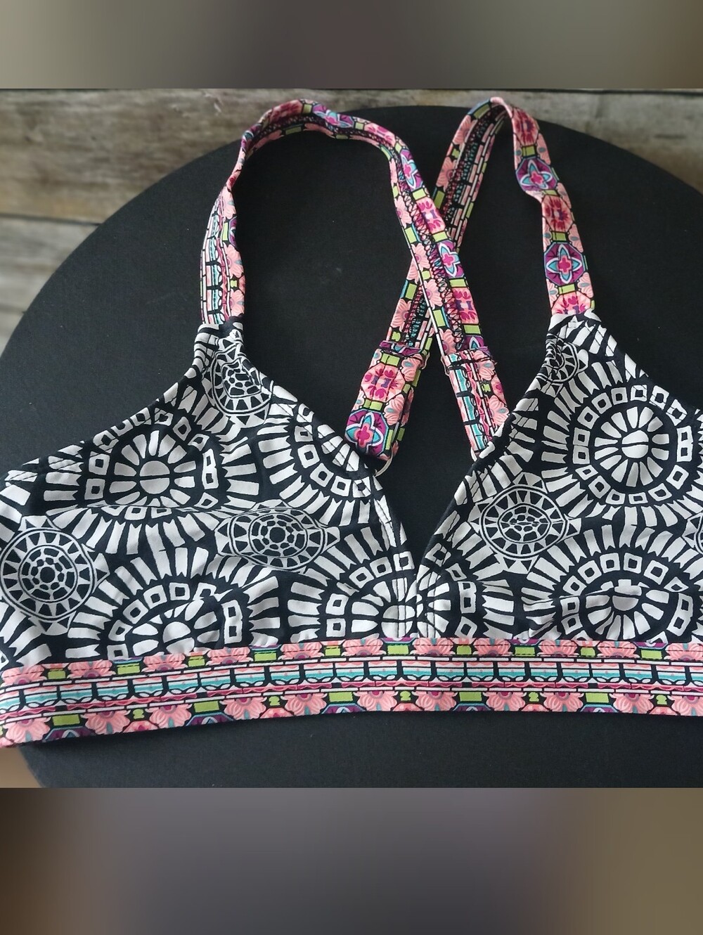 Title Nine Black & White Geometric Bralette with Pink Floral Trim